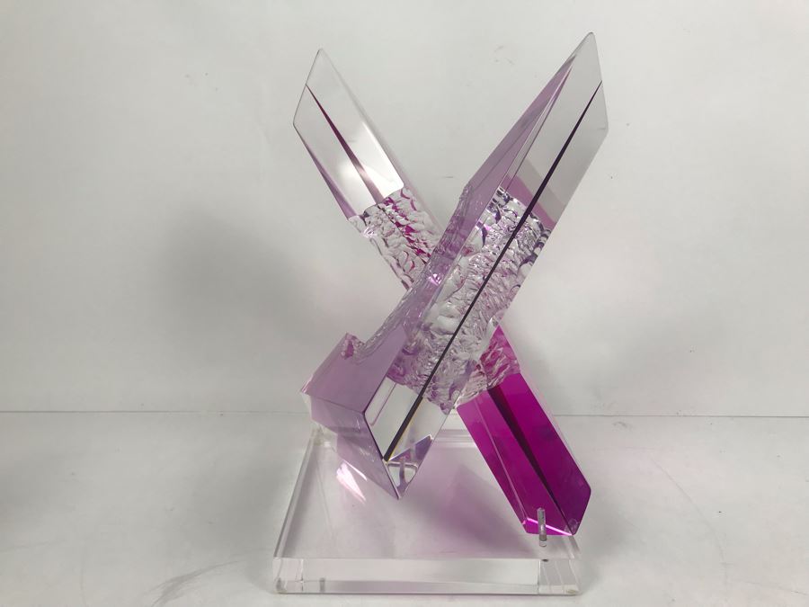 Signed Michael George Limited Edition Acrylic Lucite Sculpture Titled 'Intersection' Amethyst Colored 2000 13'H X 8'W [Photo 12]