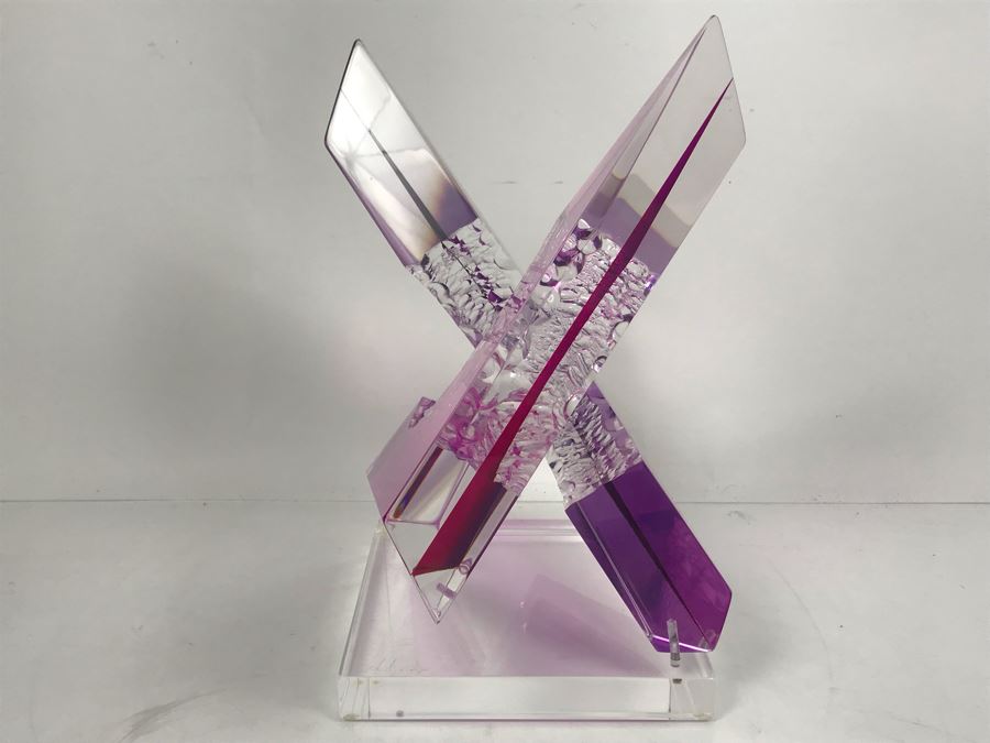 Signed Michael George Limited Edition Acrylic Lucite Sculpture Titled 'Intersection' Amethyst Colored 2000 13'H X 8'W [Photo 4]