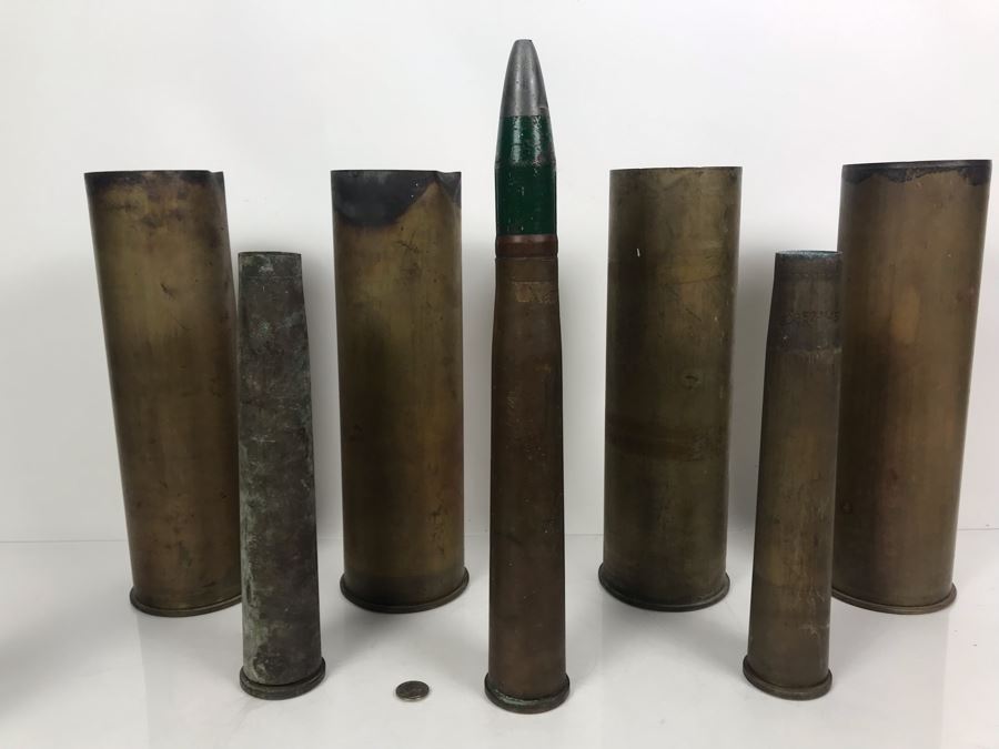 Set Of (7) Artillery Ammunition Shells Trench Art - Convert To Planter, Ashtray, Sculpture [Photo 1]
