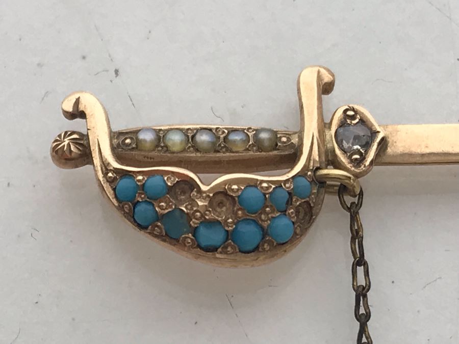 Vintage 10K Gold, Diamond, Seed Pearls, Blue Glass Sword Jabot Pin 3.1g Estimate $400 [Photo 5]