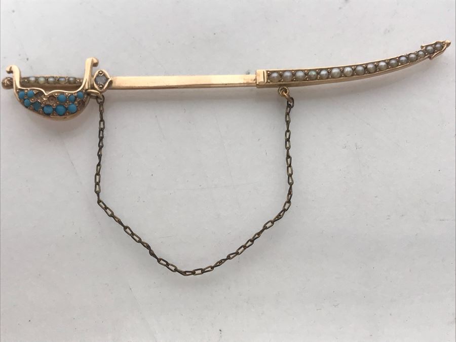 Vintage 10K Gold, Diamond, Seed Pearls, Blue Glass Sword Jabot Pin 3.1g Estimate $400 [Photo 3]