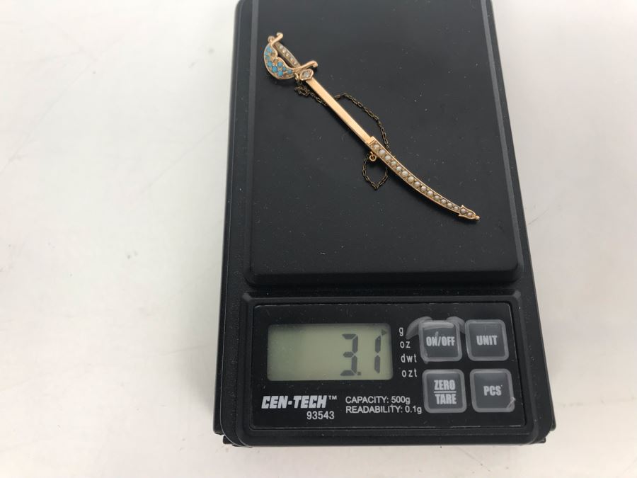 Vintage 10K Gold, Diamond, Seed Pearls, Blue Glass Sword Jabot Pin 3.1g Estimate $400 [Photo 13]