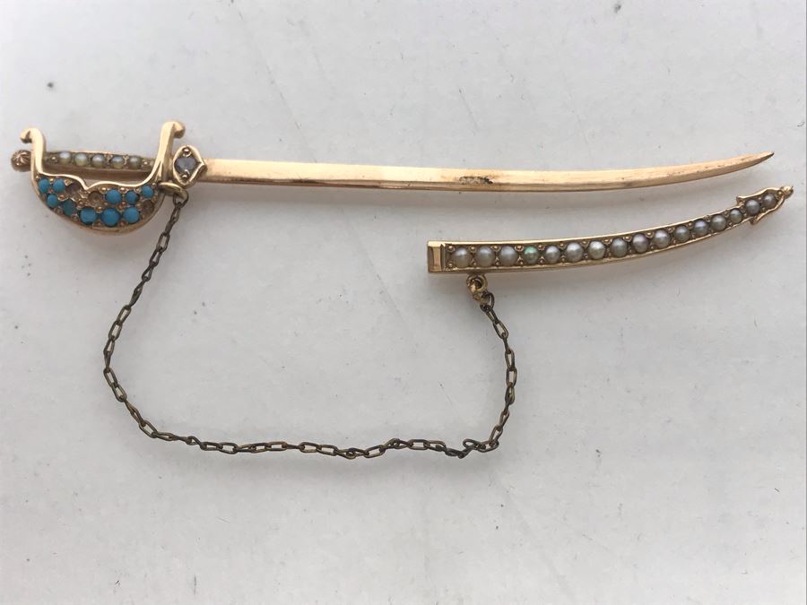 Vintage 10K Gold, Diamond, Seed Pearls, Blue Glass Sword Jabot Pin 3.1g Estimate $400 [Photo 10]