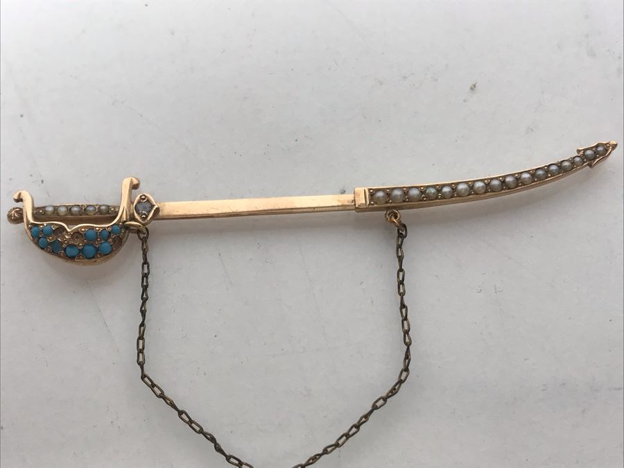 Vintage 10K Gold, Diamond, Seed Pearls, Blue Glass Sword Jabot Pin 3.1g Estimate $400 [Photo 4]
