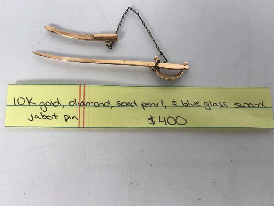 Vintage 10K Gold, Diamond, Seed Pearls, Blue Glass Sword Jabot Pin 3.1g Estimate $400 [Photo 12]