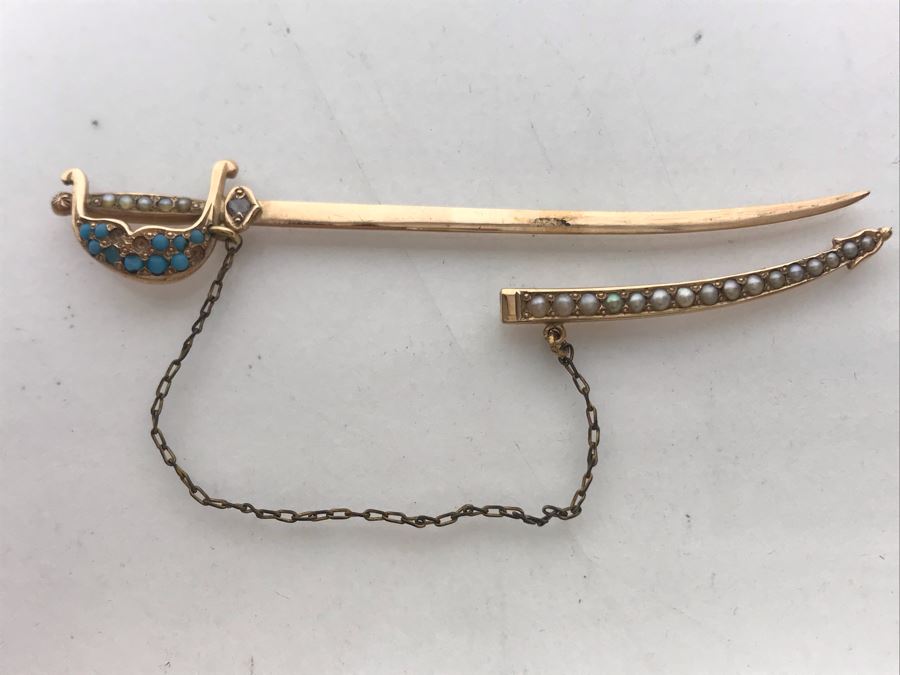 Vintage 10K Gold, Diamond, Seed Pearls, Blue Glass Sword Jabot Pin 3.1g Estimate $400 [Photo 8]
