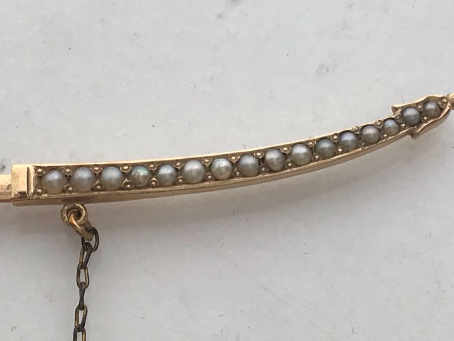 Vintage 10K Gold, Diamond, Seed Pearls, Blue Glass Sword Jabot Pin 3.1g Estimate $400 [Photo 6]