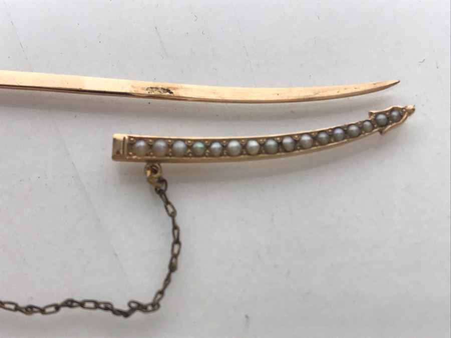 Vintage 10K Gold, Diamond, Seed Pearls, Blue Glass Sword Jabot Pin 3.1g Estimate $400 [Photo 9]