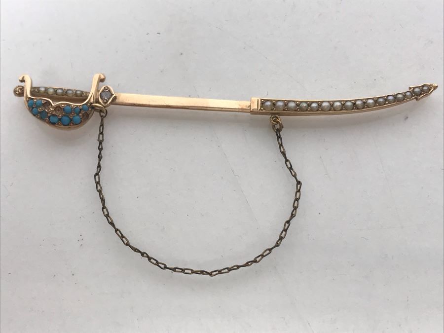 Vintage 10K Gold, Diamond, Seed Pearls, Blue Glass Sword Jabot Pin 3.1g Estimate $400 [Photo 2]