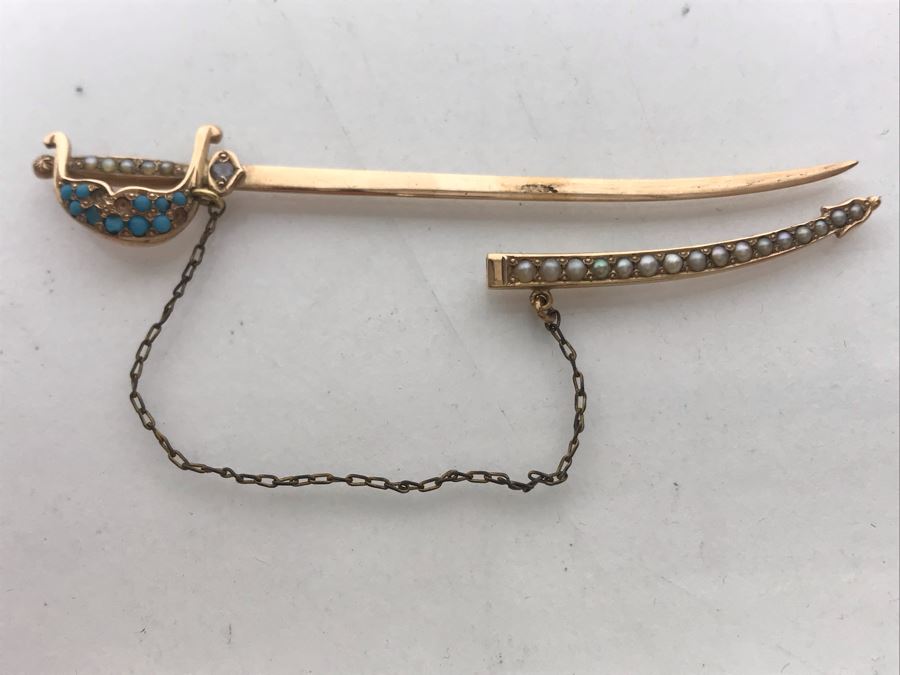 Vintage 10K Gold, Diamond, Seed Pearls, Blue Glass Sword Jabot Pin 3.1g Estimate $400 [Photo 1]