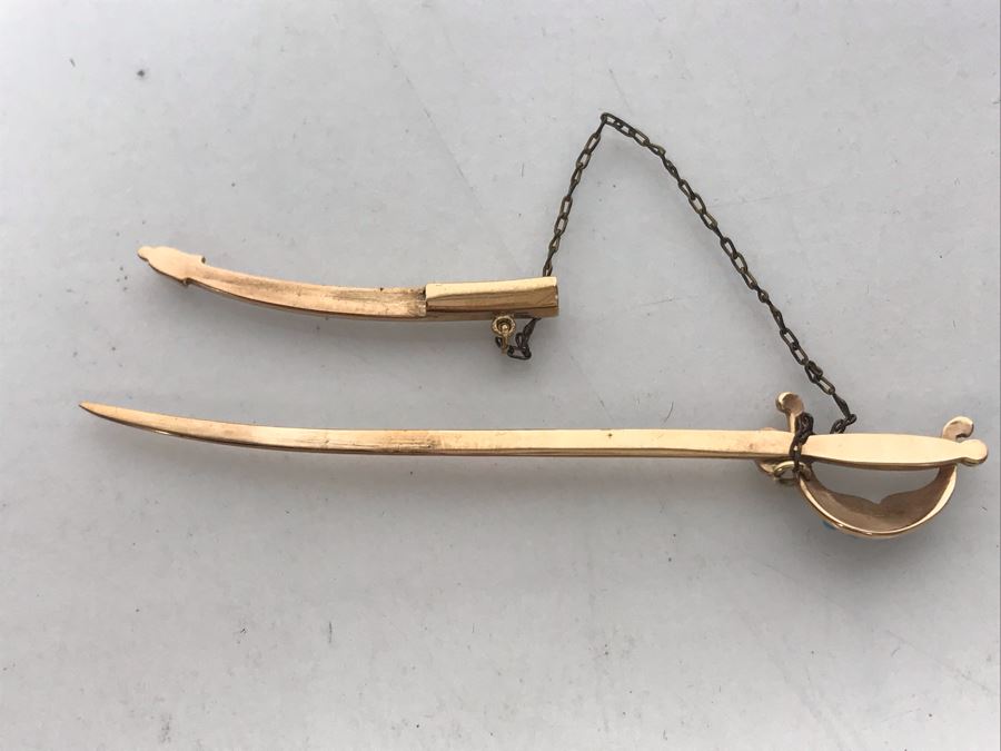 Vintage 10K Gold, Diamond, Seed Pearls, Blue Glass Sword Jabot Pin 3.1g Estimate $400 [Photo 11]