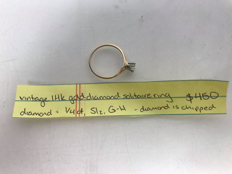 Vintage 14K Gold Diamond Solitaire Ring 1/4CT SI2 G-H Diamond Is Chipped 1.7g Estimate $450 [Photo 9]