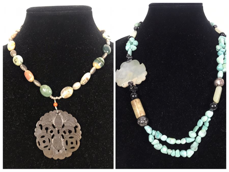 Pair Of Beaded Necklaces With Semiprecious Stones Including Turquoise And Silver [Photo 1]