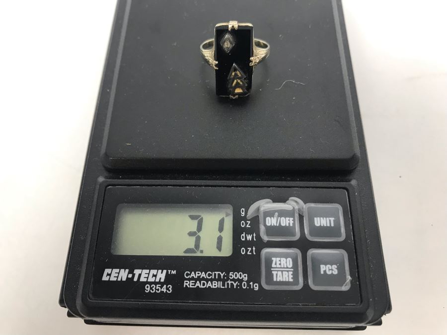 Vintage 14K Gold Onyx And Diamond Ring 3.1g [Photo 9]