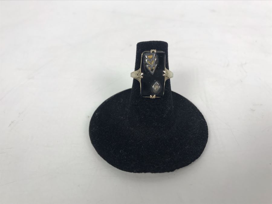 Vintage 14K Gold Onyx And Diamond Ring 3.1g [Photo 3]