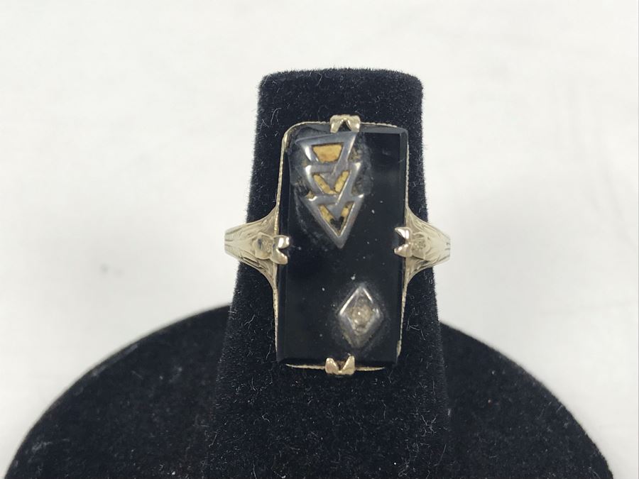 Vintage 14K Gold Onyx And Diamond Ring 3.1g [Photo 7]