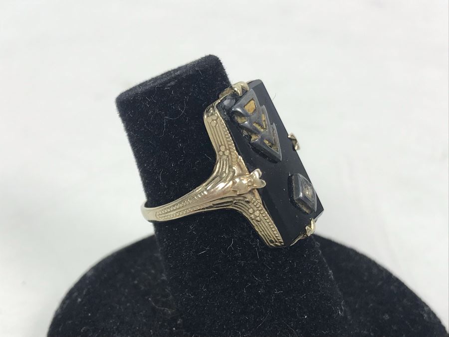 Vintage 14K Gold Onyx And Diamond Ring 3.1g [Photo 1]