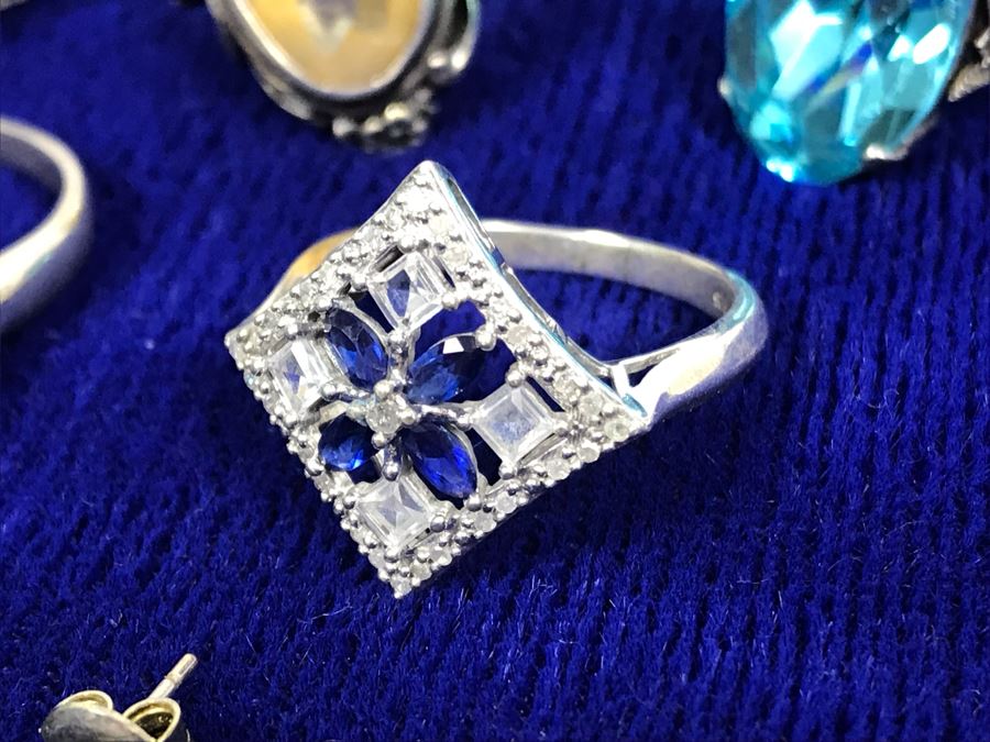 Collection Of Sterling Silver Rings With Pair Of Silver Earrings Mainly Cubic Zirconia  23.9g [Photo 3]