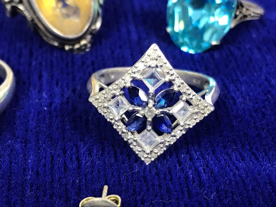 Collection Of Sterling Silver Rings With Pair Of Silver Earrings Mainly Cubic Zirconia  23.9g [Photo 2]