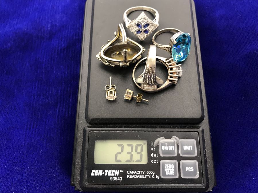 Collection Of Sterling Silver Rings With Pair Of Silver Earrings Mainly Cubic Zirconia  23.9g [Photo 19]