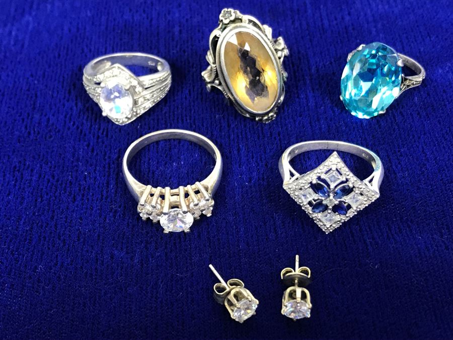 Collection Of Sterling Silver Rings With Pair Of Silver Earrings Mainly Cubic Zirconia  23.9g [Photo 1]