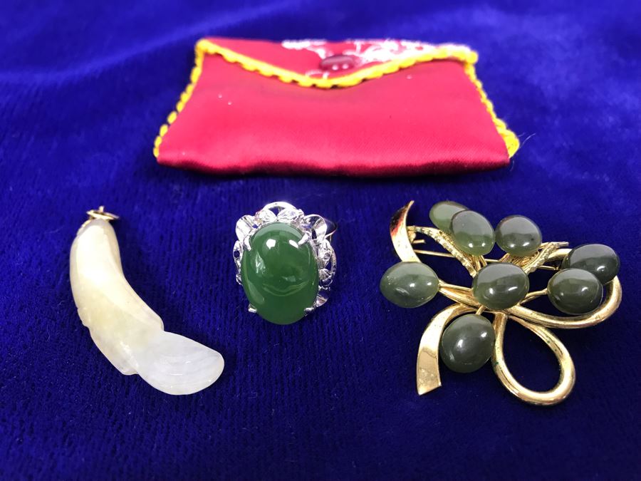 Nephrite Jade Brooch And Ring And Carved Jade Pendant All With Base Metal [Photo 1]