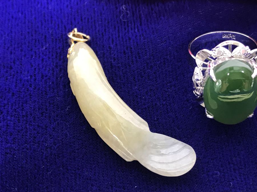 Nephrite Jade Brooch And Ring And Carved Jade Pendant All With Base Metal [Photo 6]