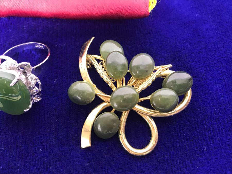 Nephrite Jade Brooch And Ring And Carved Jade Pendant All With Base Metal [Photo 3]
