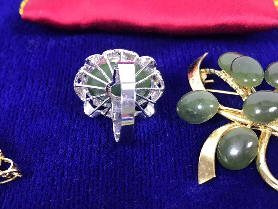 Nephrite Jade Brooch And Ring And Carved Jade Pendant All With Base Metal [Photo 9]