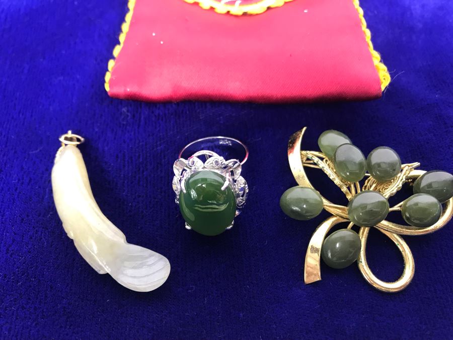 Nephrite Jade Brooch And Ring And Carved Jade Pendant All With Base Metal [Photo 2]