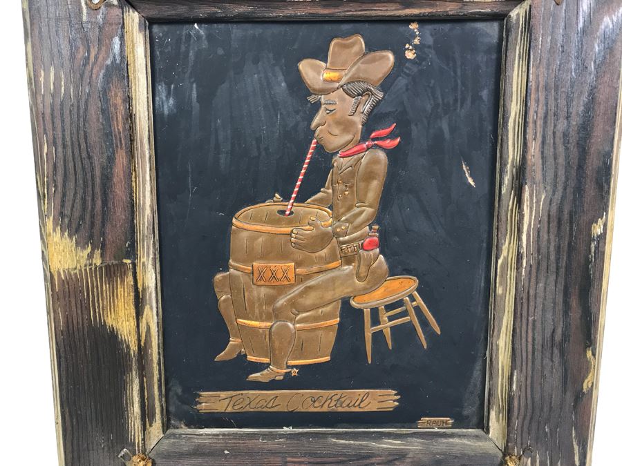 Repousse Copper Artwork Titled 'Texas Cocktail' By Rauh In Vintage Frame 14.5' X 16.5' [Photo 2]