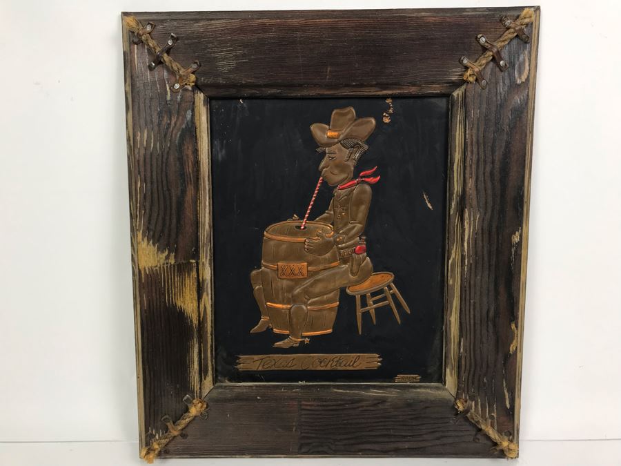 Repousse Copper Artwork Titled 'Texas Cocktail' By Rauh In Vintage Frame 14.5' X 16.5' [Photo 1]