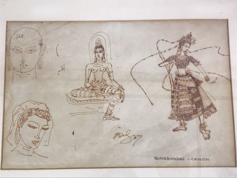 Original Vintage 1969 Signed Sketches Titled Somabandhu - Ceylon Sri Lanka India 14' X 11' [Photo 2]