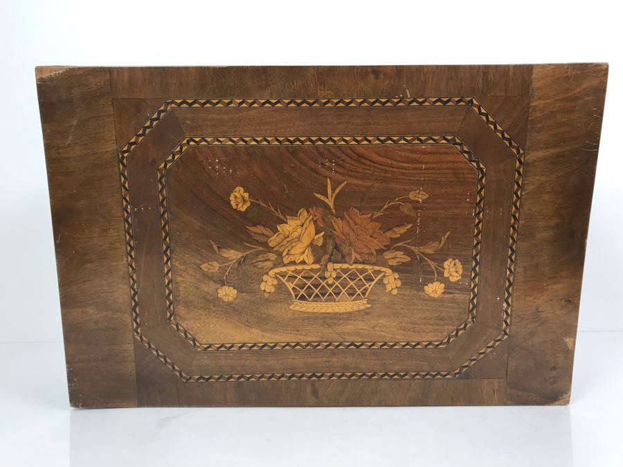 Beautiful Vintage Detailed Wood Inlaid Silverware Storage Box (Inside Of Box Modified) 20.5' X 13' X 5.5' [Photo 1]