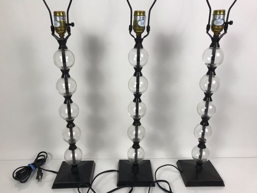 Set Of (3) Pottery Barn Glass Table Lamps - No Shades [Photo 3]