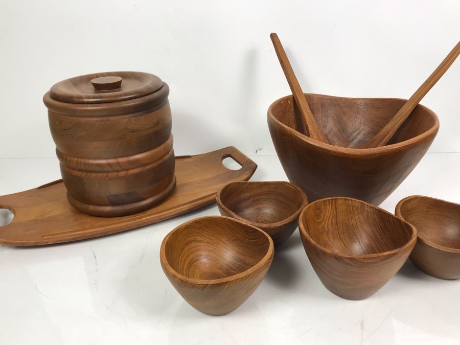 Vintage Wooden Salad Bowl Set, Mid-Century Solid Black Walnut Kustom Kraft Ice Bucket And DANSK Designs Denmark Wooden Serving Tray [Photo 1]