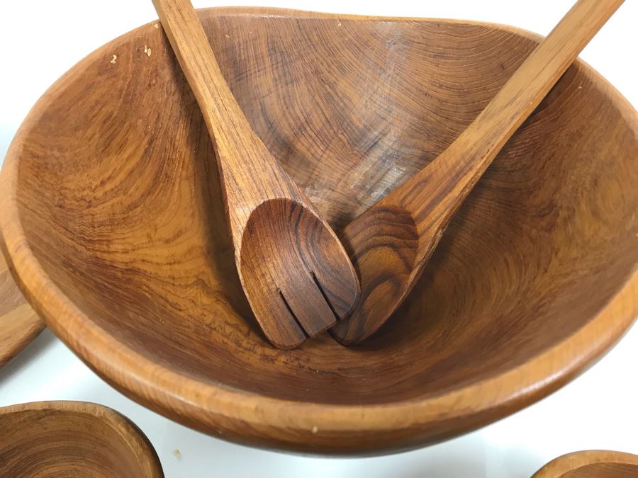 Vintage Wooden Salad Bowl Set, Mid-Century Solid Black Walnut Kustom Kraft Ice Bucket And DANSK Designs Denmark Wooden Serving Tray [Photo 6]