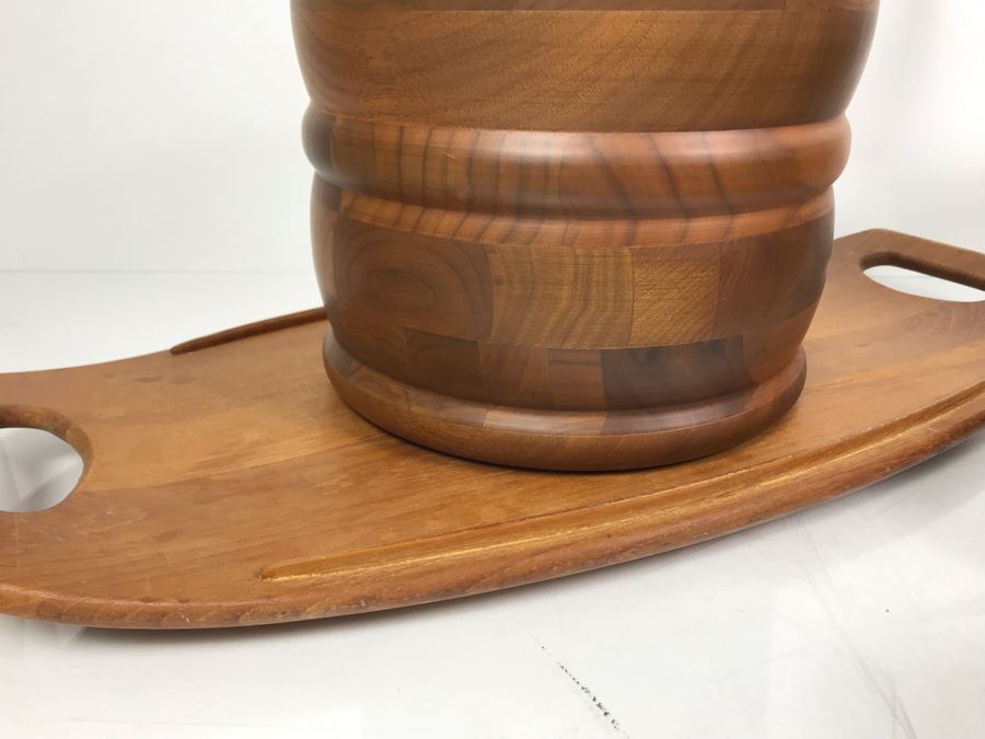 Vintage Wooden Salad Bowl Set, Mid-Century Solid Black Walnut Kustom Kraft Ice Bucket And DANSK Designs Denmark Wooden Serving Tray [Photo 8]
