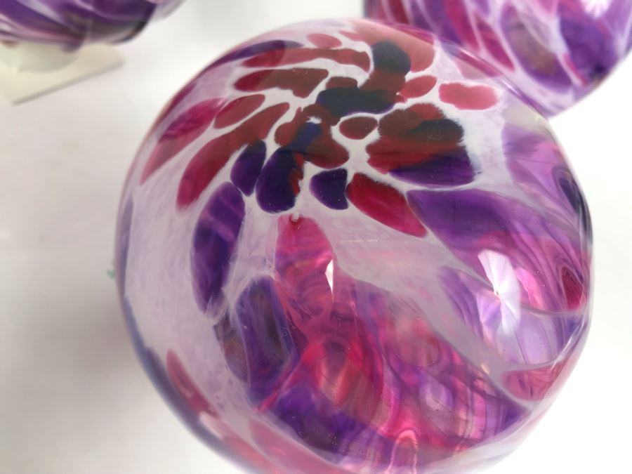 Vintage Signed Set Of (3) Art Glass Floats Balls In Manner Of Dale Chihuly Wall Mountable 5'D [Photo 3]
