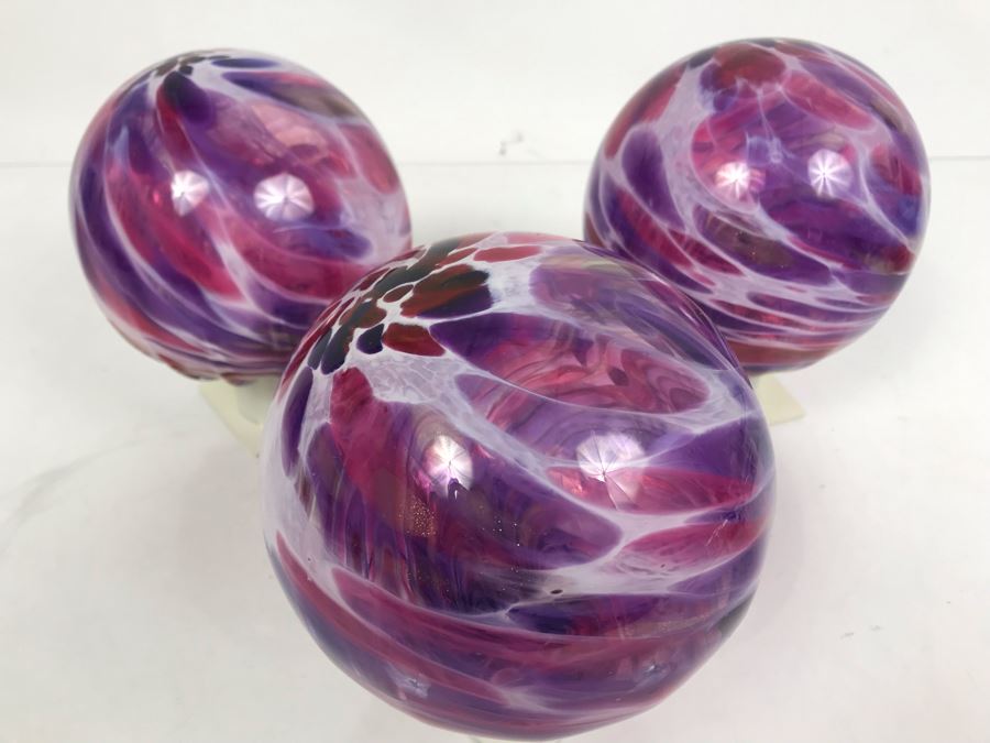Vintage Signed Set Of (3) Art Glass Floats Balls In Manner Of Dale Chihuly Wall Mountable 5'D [Photo 10]