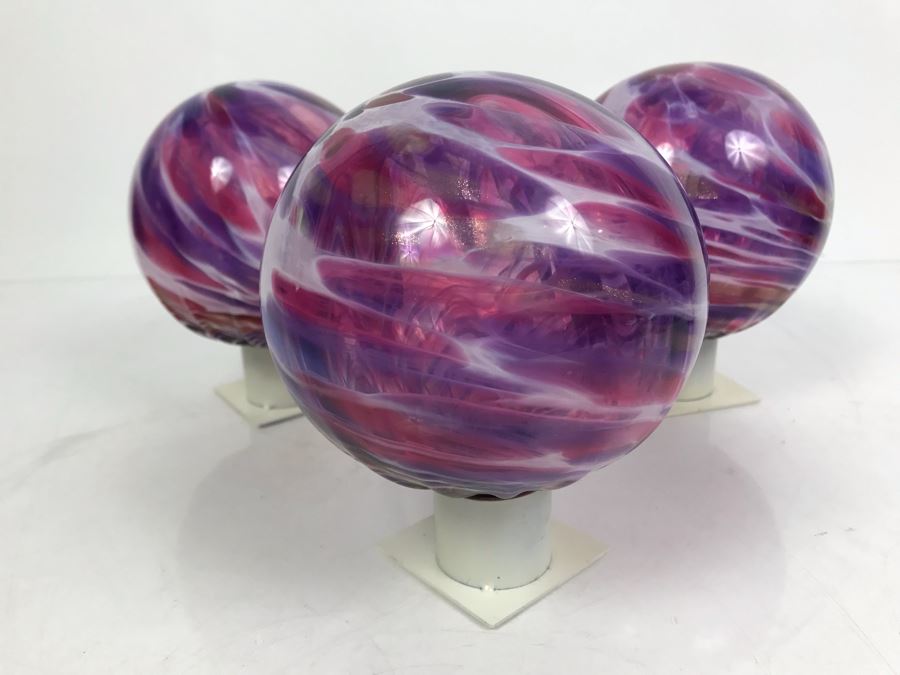Vintage Signed Set Of (3) Art Glass Floats Balls In Manner Of Dale Chihuly Wall Mountable 5'D [Photo 1]
