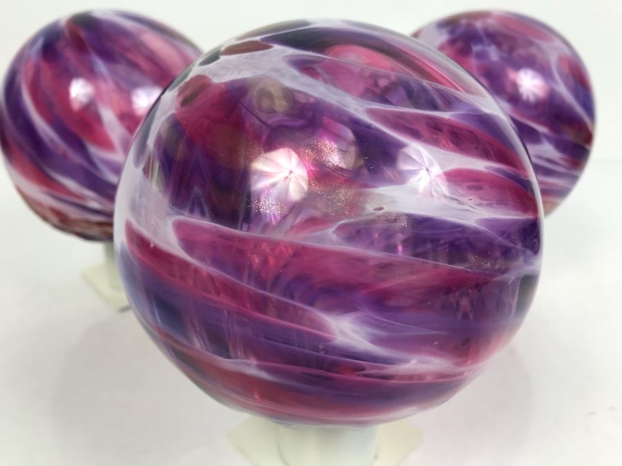 Vintage Signed Set Of (3) Art Glass Floats Balls In Manner Of Dale Chihuly Wall Mountable 5'D [Photo 5]