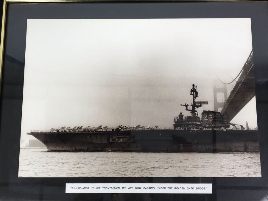 B&W Framed Photograph Of USS Coral Sea 17 July 1972 With Caption 'Gentlemen, We Are Now Passing Under The Golden Gate Bridge' 17'W X 12'H [Photo 2]