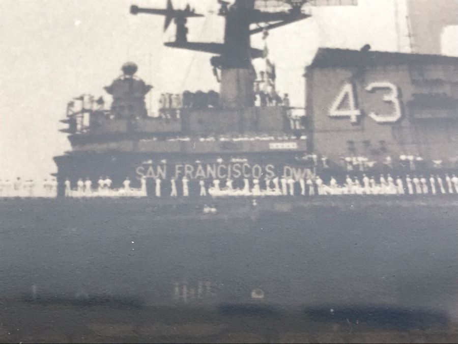 B&W Framed Photograph Of USS Coral Sea 17 July 1972 With Caption 'Gentlemen, We Are Now Passing Under The Golden Gate Bridge' 17'W X 12'H [Photo 10]
