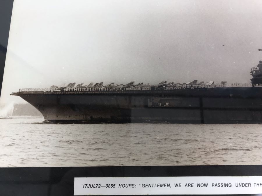 B&W Framed Photograph Of USS Coral Sea 17 July 1972 With Caption 'Gentlemen, We Are Now Passing Under The Golden Gate Bridge' 17'W X 12'H [Photo 7]
