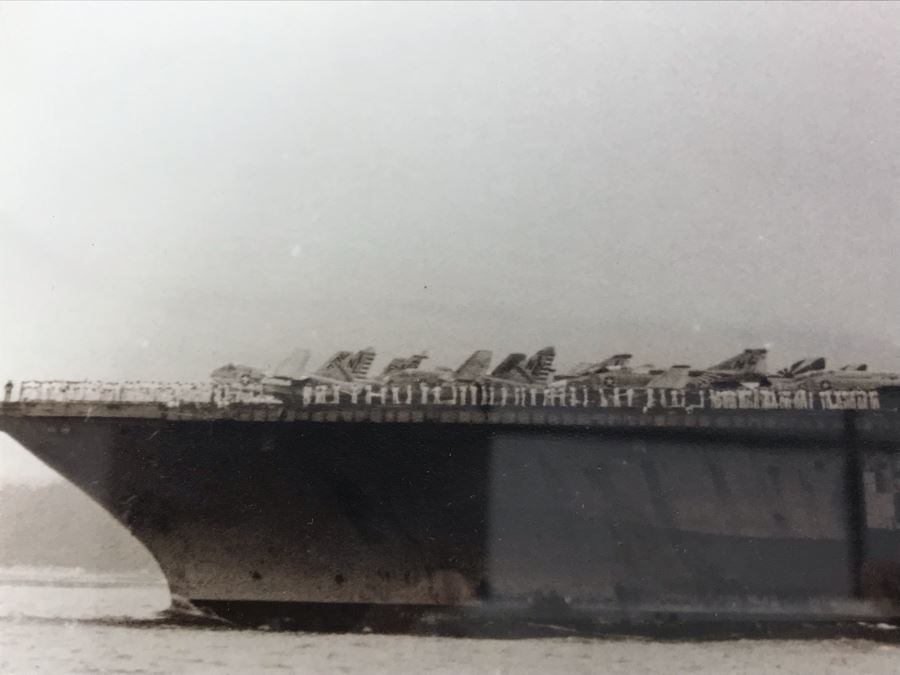 B&W Framed Photograph Of USS Coral Sea 17 July 1972 With Caption 'Gentlemen, We Are Now Passing Under The Golden Gate Bridge' 17'W X 12'H [Photo 8]