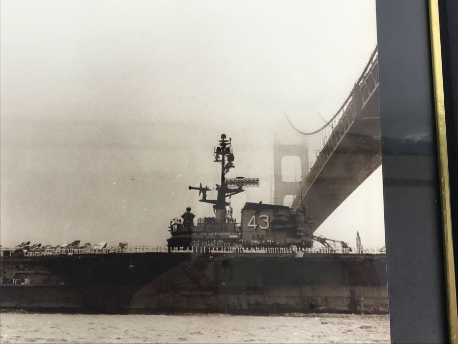 B&W Framed Photograph Of USS Coral Sea 17 July 1972 With Caption 'Gentlemen, We Are Now Passing Under The Golden Gate Bridge' 17'W X 12'H [Photo 4]