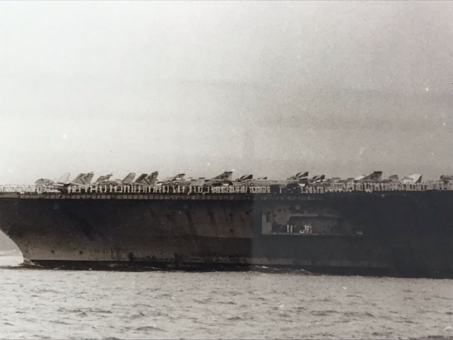 B&W Framed Photograph Of USS Coral Sea 17 July 1972 With Caption 'Gentlemen, We Are Now Passing Under The Golden Gate Bridge' 17'W X 12'H [Photo 6]