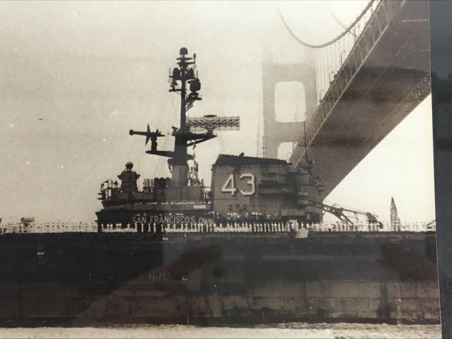 B&W Framed Photograph Of USS Coral Sea 17 July 1972 With Caption 'Gentlemen, We Are Now Passing Under The Golden Gate Bridge' 17'W X 12'H [Photo 5]