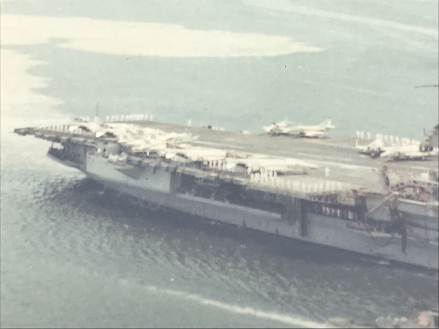 Signed Photograph Of The United States Ship Coral Sea CVA-43 Passing By The USS Arizona Memorial In Pearl Harbor Hawaii Personalized To Bill Harris 14' X 11' [Photo 9]